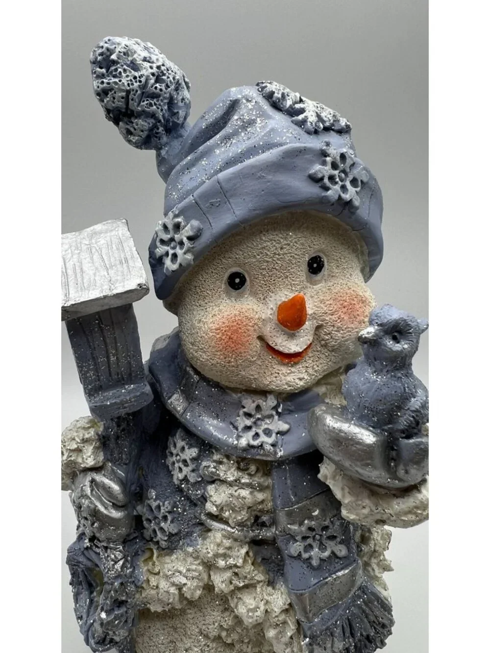 Snowman Figurine With Bird & Glitter Accents - Winter Decor - Blue & White